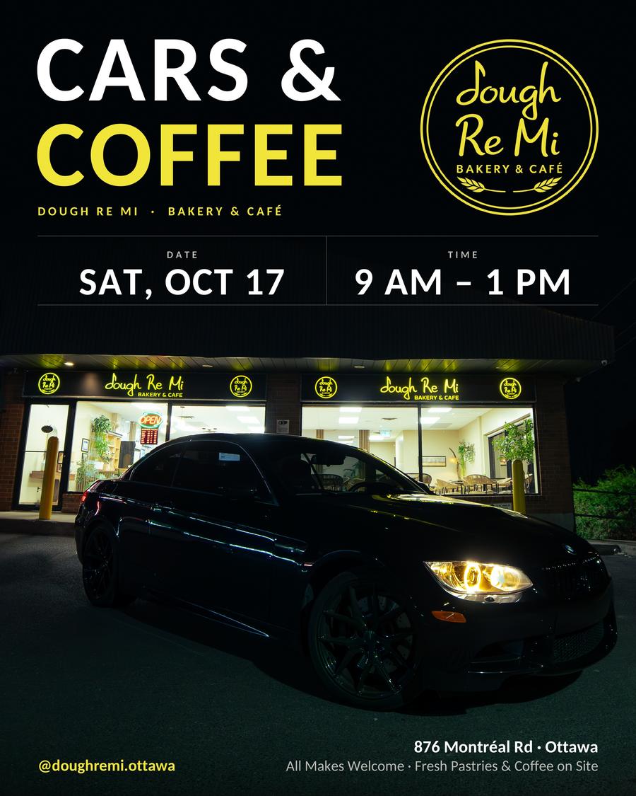 Cars and Coffee poster: Saturday October 17, 9 AM to 1 PM, at Dough Re Mi